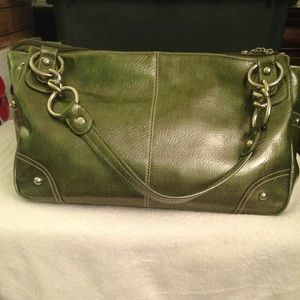 Green faux patent leather handbag